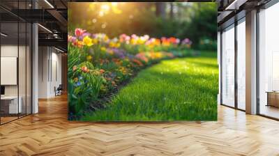 Beautiful well-kept spring garden. The green lawn emphasizes the full bloom of flowers in the mixborder. Diverse floral spectrum of tulips, daffodils, hyacinths. Wall mural