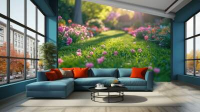 Beautiful well-kept spring garden. The green lawn emphasizes the full bloom of flowers in the mixborder. Diverse floral spectrum of tulips, daffodils, hyacinths. Wall mural