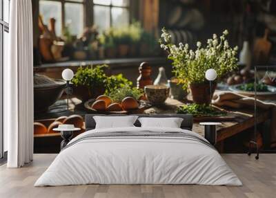 breakfast eggs and herbs, macro shot, vintage farm table, fresh morning, local farm. Wall mural