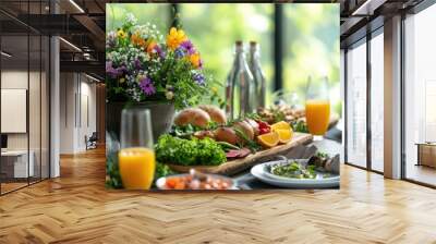 Contemporary Easter brunch setting emphasizing healthy eating, with organic vegetable dishes, freshly squeezed juices, whole grain breads, and a centerpiece of edible flowers and herbs Wall mural