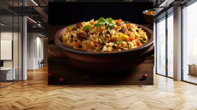 Delicious and spicy indian meat biryani in traditional pot Wall mural