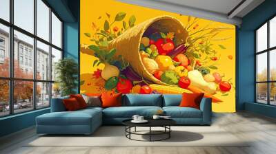 Digital Illustration of a Cornucopia Filled with Fruits and Vegetables with a Vibrant Yellow Backdrop Wall mural