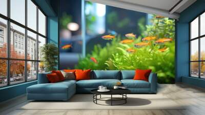 Modern aquarium close-up in a living room, neon tetras among green plants, with a reflection of contemporary furniture Wall mural