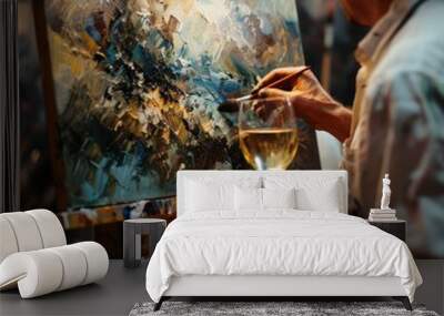 Painter focuses on canvas, adding vibrant strokes. Foreground shows white wine, ambient light enhances serene 