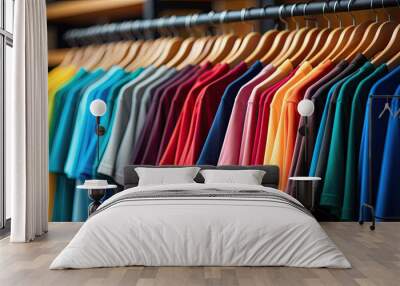 plain t-shirts of different colors hang on a hanger, store interior blur. Wall mural