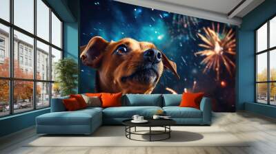 The dog is afraid of fireworks. Overcoming anxiety in dogs. Use of headphones. Calming CBD. Wall mural