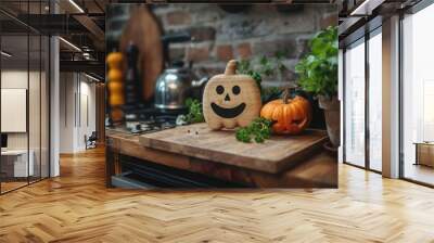 Wooden Ghost Cutting Board with Natural Wood and Ceramic Decor on Kitchen Shelf - Rustic Halloween Theme Wall mural