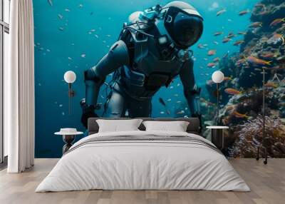 A diver explores the vibrant underwater world, surrounded by colorful fish and coral reefs, showcasing advanced diving technology Wall mural