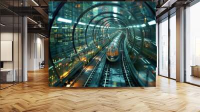 A futuristic train navigating through a transparent tunnel in a bustling city at night with glowing skyscrapers surrounding it Wall mural