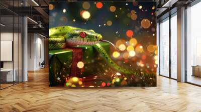 A green snake resting on a beautifully wrapped gift box adorned with twinkling holiday lights at a festive celebration Wall mural