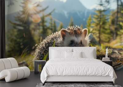 A hedgehog exploring a sunlit forest with distant mountains in the background during a bright summer afternoon Wall mural