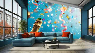 Celebrating a joyful occasion with a champagne bottle amidst colorful confetti and streamers in a festive atmosphere Wall mural