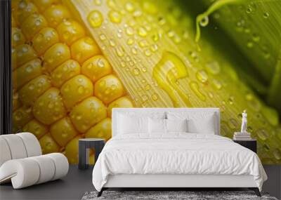 Close-up of fresh corn on the cob with water droplets, showcasing its vibrant yellow kernels and green husk in a natural setting Wall mural