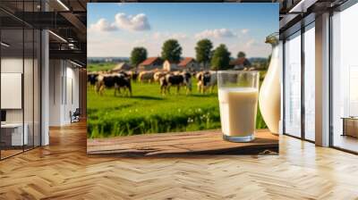 Fresh milk in a glass and pitcher on a wooden table with cows grazing in a sunny green pasture Wall mural