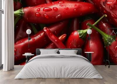 Fresh red chili peppers with water droplets arranged closely on a surface, showcasing their vibrant color and texture Wall mural