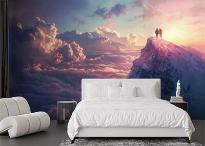 People standing on a mountain peak at sunset above a sea of clouds with colorful sky and fluffy clouds illuminated by sunlight Wall mural