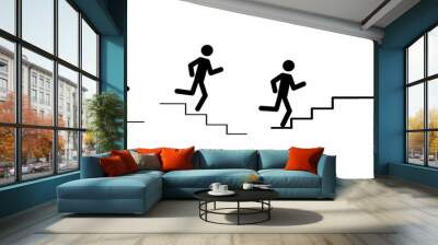 stick man, pictogram of the figure of a man running up, down the stairs, the direction of the emergency exit, two people running up the ladder of success, business development concept Wall mural