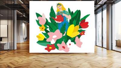 A young girl with a red watering can is watering giant flowers and plants isolated on white. Banner concept of caring for indoor plants, gardening on the balcony in summer. Cartoon vector illustration Wall mural