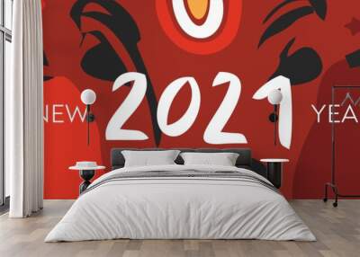 Horizontal banner with the symbol of the 2021 new year. Bull drawn with a black line on the background of abstract red figures, lines. Poster template, card, party invitation. Flat vector illustration Wall mural