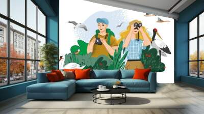 Man takes photos of animals in the wild nature. Girl looks through binoculars and watches the birds. Birdwatching, eco-friendly hobby. Banner concept about local tourism. Cartoon vector illustration Wall mural