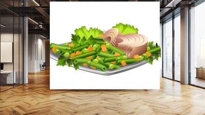 Tuna fish fillet on plate with kidney beans, lettuce leaves, sliced carrot and green peas. Hand drawn vector illustration on white background. Wall mural