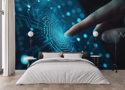 A finger touches a digital fingerprint interface with glowing blue light patterns Wall mural