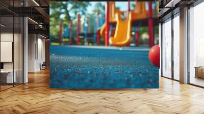 A red ball on a blue playground surface with play equipment Wall mural