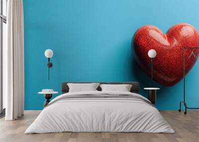 a textured red heart object is centered on a solid blue background, conveying simple, vibrant repres Wall mural