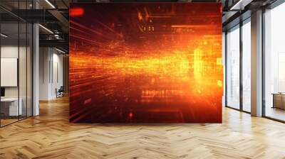 Abstract digital light beams and data streams in red gold hues Wall mural