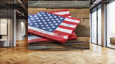 American flag napkins on wooden table, symbolizing patriotism Wall mural