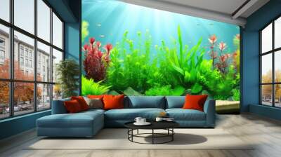 An expansive, colorful underwater landscape with lush aquatic plants and small fish, showcasing the vibrant diversity of life in freshwater environments Wall mural