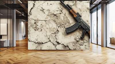 Assault rifle on cracked, dry ground Represents war and conflict Wall mural