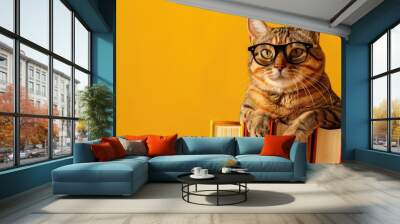 Bespectacled cat sitting on stack of books against yellow background Wall mural