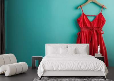 Bright red dress hanging on wooden hanger against teal blue wall Wall mural