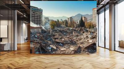 Collapsed buildings in urban area with mountains background Wall mural