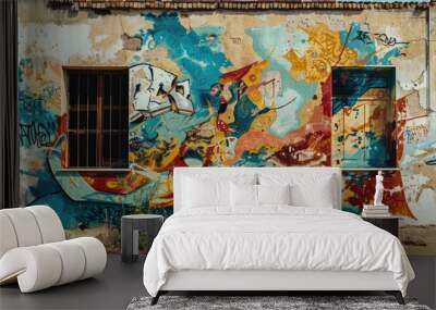 Colorful graffiti with abstract shapes on rustic wall windows Wall mural