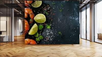 Cooked shrimps with lime and herbs on a wet dark slate background Wall mural