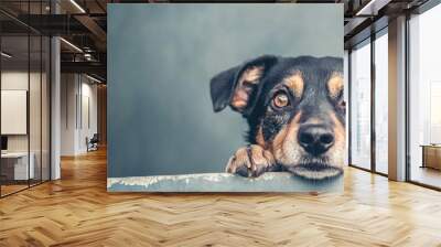 Cute dog with brown and black fur looks directly at camera curious eyes Wall mural