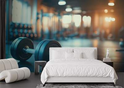 Dumbbell on gym floor with blurred equipment in background, under warm lighting Wall mural