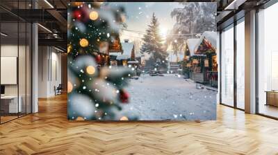 Festive winter market scene with decorated stalls and snowfall Wall mural