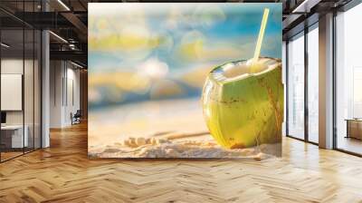 Fresh coconut drink with straw on sandy beach near ocean Wall mural