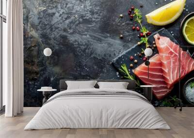 Fresh tuna fillet on slate board with lemon, herbs, and spices dark textured background Wall mural