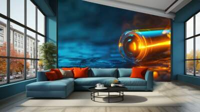 Glowing, futuristic battery cylinder lies on reflective surface Wall mural