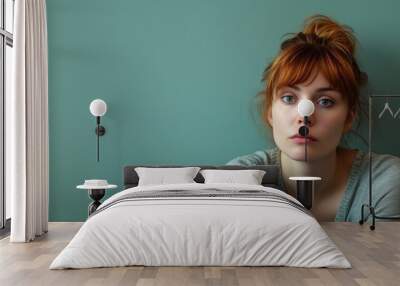 Pensive young woman with blue eyes and messy bun against a teal background Wall mural