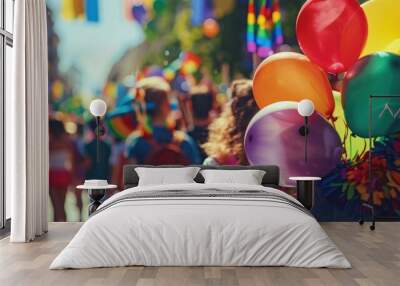 People at vibrant outdoor event with rainbow balloons and festive attire Wall mural