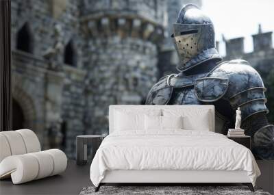 Person in full medieval knight armor stands front of ancient stone castle, evoking sense historical warfare Wall mural