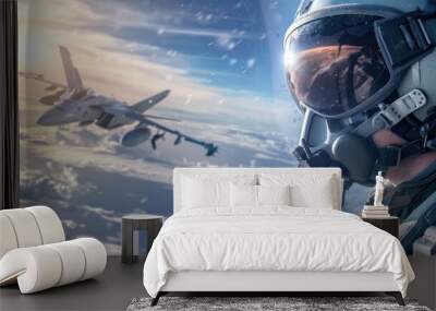 Pilot in cockpit with fighter jet flying among clouds Wall mural