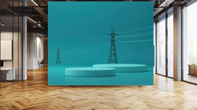 Power lines against minimalist turquoise background with podiums Wall mural