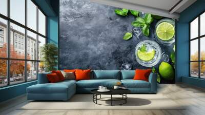 Refreshing drinks with lime, mint, and ice Wall mural