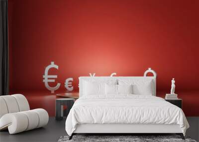 Road leading to stage with various currency symbols on red background Wall mural